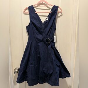 NWT Charlotte Russe Navy Blue Mini Dress. Attached belt size med. flare bottom